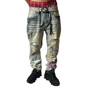 AMIRI Distressed Men's Jeans Tie Dye Art Patch Applications Blue Size 34